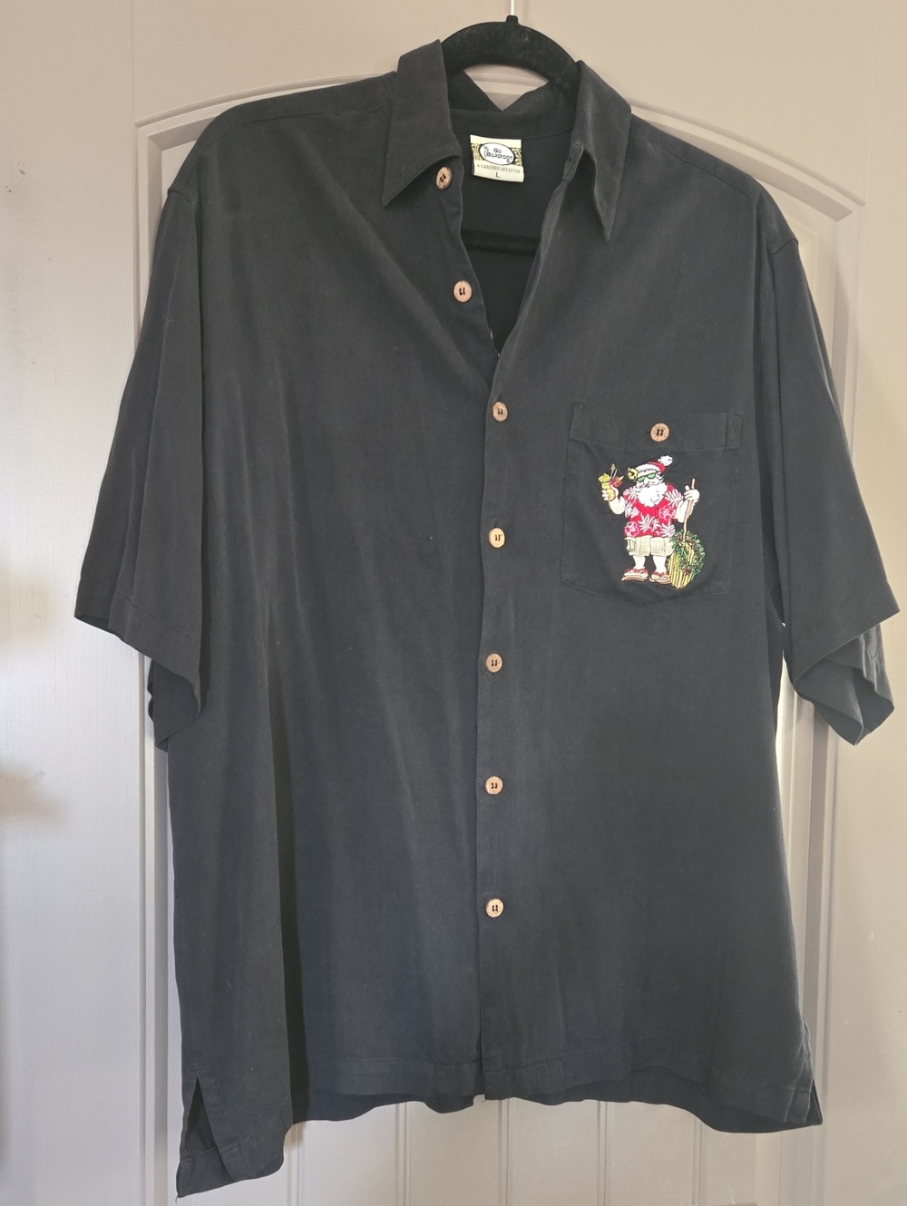 Go Barefoot, Christmas in Paradise embroidery detail, Santa, Black Aloha Shirt